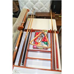 POOL CUE RACK & 24 BALLS & SUPPLIES