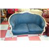 Image 1 : DENIM LOVESEAT WITH WOODEN CARVED TRIM