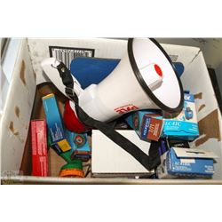 BOX WITH PRINTER SUPPLIES AND HAND HELD P.A.