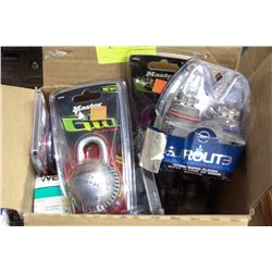 BOX WITH ASSORTED LOCKS AND CAR LIGHTS ETC