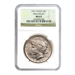 1921 $1 Peace Silver Dollar - NGC MS63