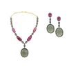 Image 1 : 206.71 TCW SAPPHIRE, RUBY & DIAMOND EARRING & NECKLACE SET 14K  GOLD & SILVER