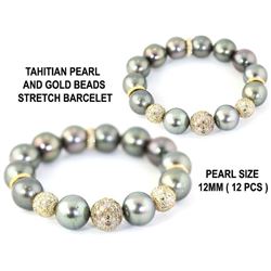 7.01 TCW TAHITIAN PEARL  & FANCY DIAMOND GOLD BEAD STRETCH BRACELET18K  GOLD & SILVER