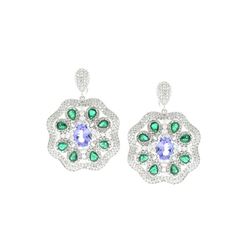 6.34 TCW 18K GOLD WHITE DIAMOND, Tanzanite & Emerald EARRING