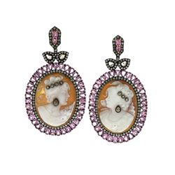 53.33 TCW CAMEO, TOURMALINE & DIAMOND EARRING 18K  GOLD & SILVER