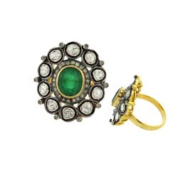 3.81 TCW EMERALD &DIAMOND RING14K YellowGOLD over 0.925 Sterling Silver