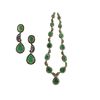 Image 1 : 84.75 TCW EMERALD & DIAMOND EARRING & NECKLACE SET 14K  GOLD & SILVER