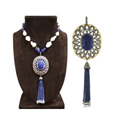 779.72 TCW CULTURED PEARL, TANZANITE, BUDDHA LAPIZ & DIAMOND TASSEL NECKLACE 14K GOLD & SILVER