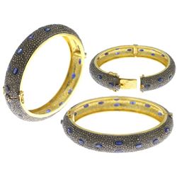 14.00 TCW BLUE SAPPHIRE  & DIAMOND OVAL BANGLE 0.925 Silver