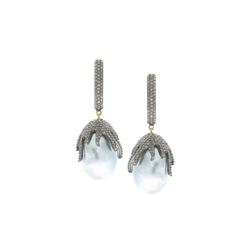 2.66 TCW South SeaPEARL  & DIAMOND DESIGNER EARRING 14K GOLD & SILVER