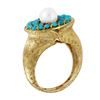 Image 2 : Pearl and Beaded Persian Turquoise Custom Made Engraved 18KT Yellow Gold Oval Ring - #1142