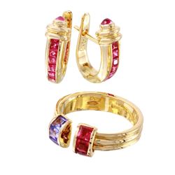 18KT Yellow Gold Ruby and Tanzanite Ring and Earring Suite - #2306