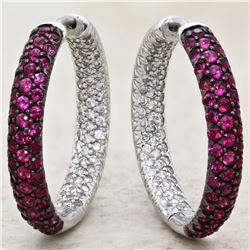 14KT White Gold Ruby and Diamond Hoop Earrings - #1323