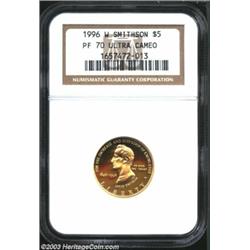 1996-W G$5 Smithsonian Gold Five Dollar PR70 Ultra Cameo NGC.