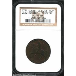 1794 Great Britain Halfpenny Token, Warwickshire-Coventry AU55 NGC.