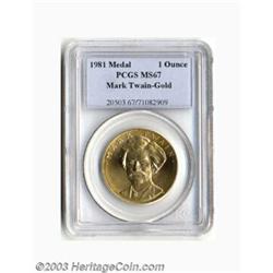 1981 Mark Twain One Ounce Gold Medal MS67 PCGS.