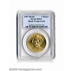 1981 Mark Twain One Ounce Gold Medal MS67 PCGS.