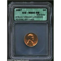 1967 1C Cent--Struck Through Late State Reverse Brockage--MS60 Red and Brown ICG.