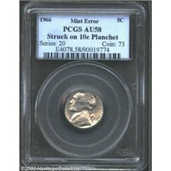 1966 5C Nickel--Struck on 10C Planchet--AU58 PCGS.