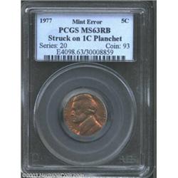 1977 5C Nickel--Struck on 1C Planchet--MS63 Red and Brown PCGS.