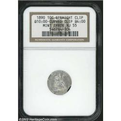 1890 10C Dime--Straight Clip at 10 o'clock, Curved Clip at 4 o'clock--AU55 NGC.