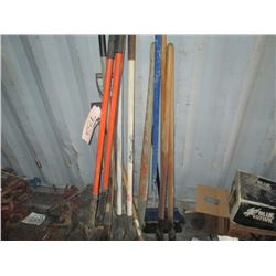 LOT OF MISC POST HOLE DIGGER, SHOVEL, BROOMS