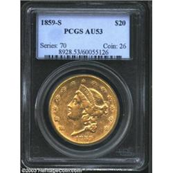 1859-S $20 AU53 PCGS.
