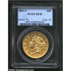 1861-S $20 XF45 PCGS.