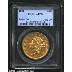1865 $20 AU50 PCGS.