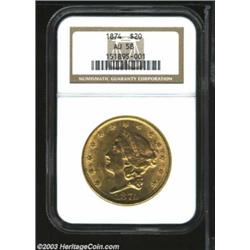1874 $20 AU58 NGC.
