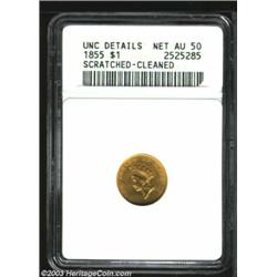 1855 G$1 --Scratched, Cleaned--ANACS. Unc Details, Net AU50.