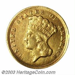 1854-D $3 AU50 Cleaned Uncertified.