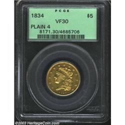 1834 $5 Plain 4 VF30 PCGS.