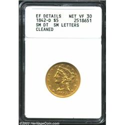 1842-D $5 Small Date--Cleaned--ANACS, XF Details, Net VF30.