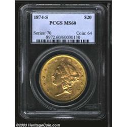 1874-S $20 MS60 PCGS.
