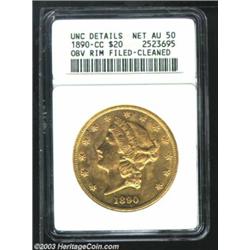1890-CC $20 --Obverse Rim Filed, Cleaned--ANACS. Unc Details, Net AU50.