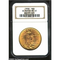 1908 $20 No Motto MS63 NGC.