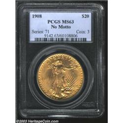 1908 $20 No Motto MS63 PCGS.