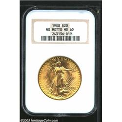 1908 $20 No Motto MS65 NGC.
