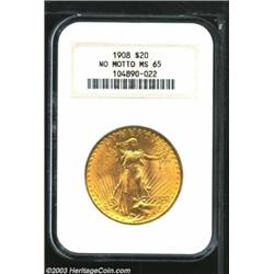 1908 $20 No Motto MS65 NGC.