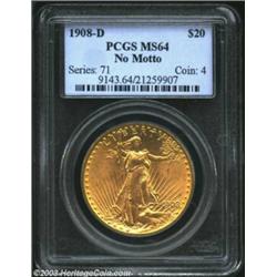1908-D $20 No Motto MS64 PCGS.