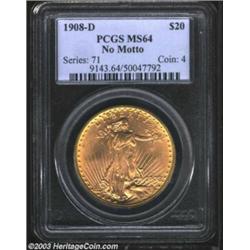 1908-D $20 No Motto MS64 PCGS.