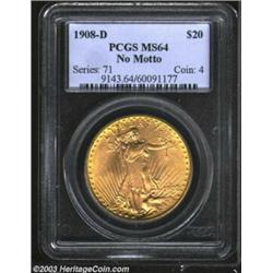 1908-D $20 No Motto MS64 PCGS.
