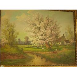 Large framed oil landscape of children in rur…