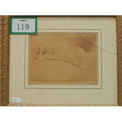 Framed sepia etching by Adolphe Valette of a …