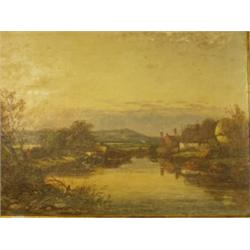 19c framed oil on canvas of river in rural la…
