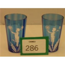 Pair of Mary Gregory blue glasses with enamel…