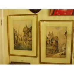 Pair of 19c watercolours of Rouen street scen…