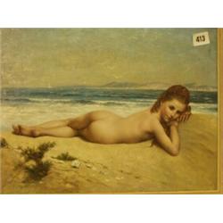 Superb framed oil on tile of nude girl on a b…