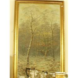 19c framed oil of winter scene, 28x46"…